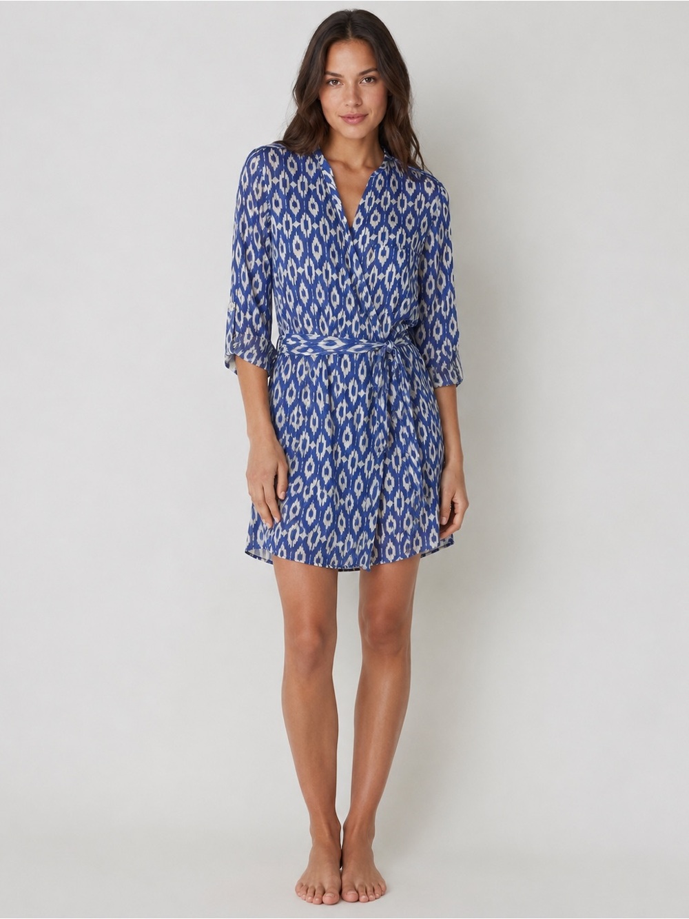Maeve Anthropologie Blue Ikat Print Chiffon Shirt Dress Size Small
